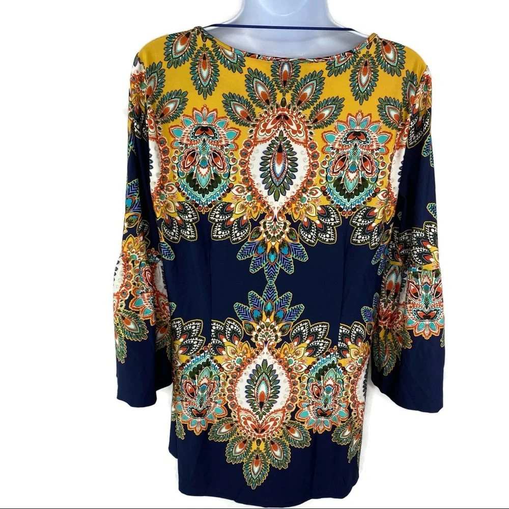 NWT Melissa Paige Boho Floral Peacock Top With Bell Sleeves Medium